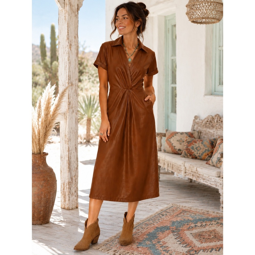 Faux Leather Midi Dress Brown Vegan Leather Collared Wrap Front Dress